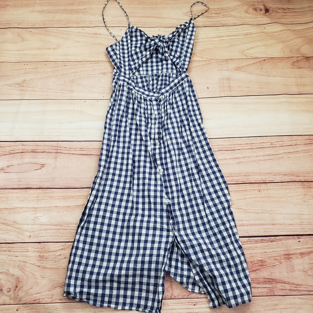 Zara Woman Dress Womens Small Gingham Linen Midi Summer Tie Front Keyhole Button